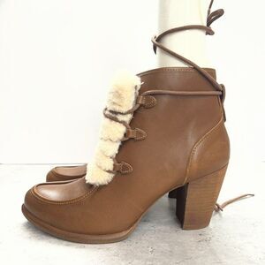 UGG Chestnut Analise Exposed Fur Leather Stacked Heel Ankle Boots Womens 7.5